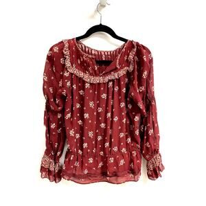JOIE Adrielle Embroidered Silk Top In Verbena XS Long Sleeve Floral Print Sheer
